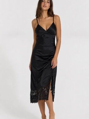 MICHAEL Michael Kors Black Satin Slip Dress with Lace Hem